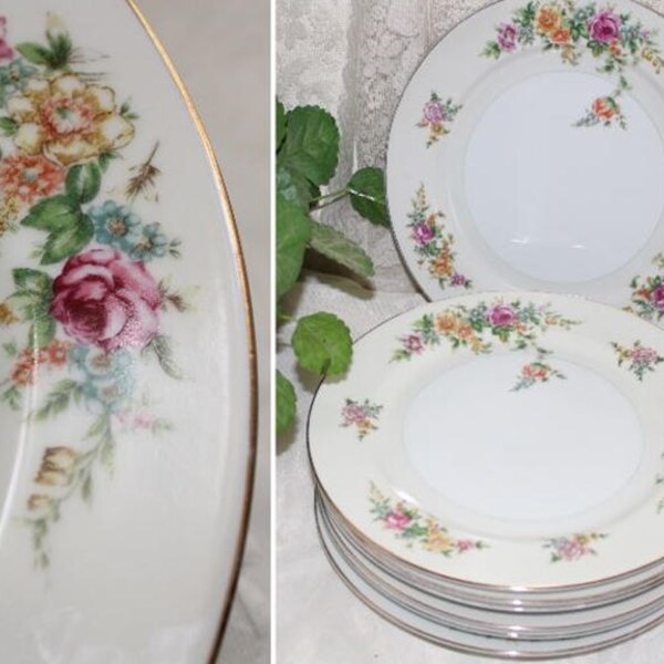 Vintage 1940s NARUMI OCCUPIED JAPAN Merivale Dinnerware 10 1/4-Inch Dinner Plates Pink Yellow Floral with Blue Ring Set of Seven Mikasa