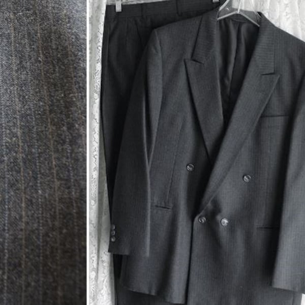 Vintage 40 42 Reg ETIENNE CARON WOOL Double Breasted Gray Suit 2-Piece Made in United States 100-Percent Fine Wool Pinstripe Fully Lined