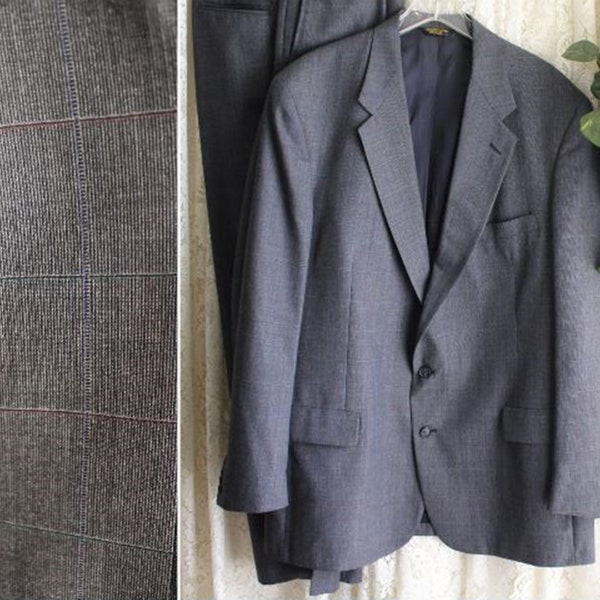 Vintage 46 48 PALM BEACH WOOL Suit 2-Piece Made in United States 100-Percent Fine Wool Gray Windowpane Union Label Formal Wedding Business