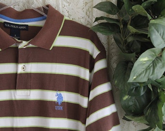 Vintage COTTON POLO SHIRT, Mens Size Large Brown White Green Stripe 100-Percent Cotton Golf Dress Business Casual Lounge