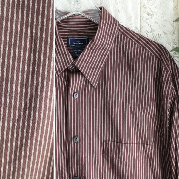 Vintage LONG SLEEVE SHIRT Size 17 / 17 1/2 Extra Large xl 1X to 2X Easy Care Business Casual Dress Brown Silver Dockers