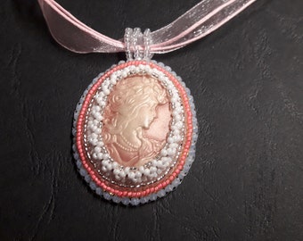 Beaded Victorian cameo pendant, Bead embroidery,  Vintage look, Jewelry pendant, Ready to ship, Gift for her, Lady cameo