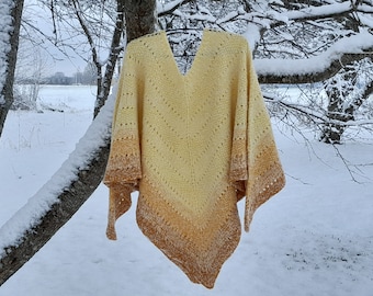 Poncho in yellow tones, Pure wool poncho, Warm and cozy wrap, Gift for her, Ready to ship, Handmade in Latvia