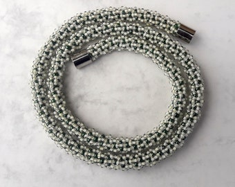 Crochet bead rope necklace, dark green and white, seed bead jewelry, beaded, beadworks, gift for her, turkish crochet rope, ready to ship