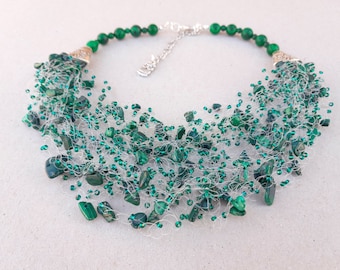 Multi strand malachite necklace, Crocheted airy necklace, Gemstone necklace, Handmade wedding jewelry, Ready to ship, Gift for her
