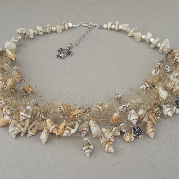 Natural shells necklace, Multi strand crocheted airy necklace, Handmade  jewelry, Ready to ship, Gift for her, Summer accessories