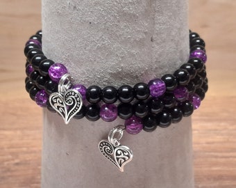 Black purple beaded memory wire bracelet, Summer wrist bangle, Multi strand bracelet, Gift for her, Ready to ship, Lovely heart charms