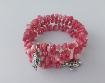 Pink coral memory wire bracelet, Healing crystals gemstone jewelry, Beaded boho bangles, Gift for her, Pink bracelets, Ready to ship