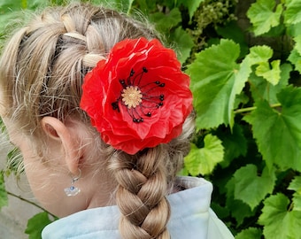 Poppy ponytail holder, Floral red hairpin, Red hair tie, For little princess, Bright red poppy flower, Ready to ship, Poppy headpiece,