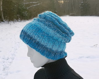 Striped winter hat, Knitted hats, Hand knit beanie, Blue colors hat, Seamless winters hat, Ready to ship, Interesting hat