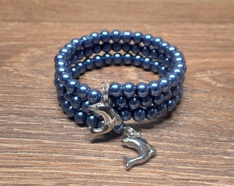 Navy blue beaded memory wire bracelet, Summer wrist bangle, Multi strand bracelet, Gift for her, Ready to ship, Lovely dolphin charms