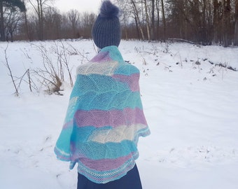 Multi color triangle scarf "Winter dawn", Hand knit blue white light purple colors winter shawl, Gift for her, Ready to ship, One of a kind