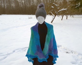 Multi color triangle scarf "Little Mermaid " , Hand knit blue, green colors winter shawl, Gift for her, Ready to ship, One of a kind