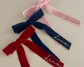 Personalised Name Velvet Hair Bow: Custom Name School Hair Bow Clip