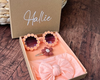 Baby Girl Gift Set: Flower Sunglasses, Knit Headband & Daisy Hair Clip