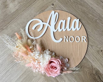 Personalized Oak Name Plaque: Boho Dried Flower Nursery Decor