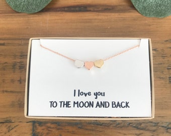 Triple Heart Necklace: Rose Gold, Gold & Silver. Valentines day gift