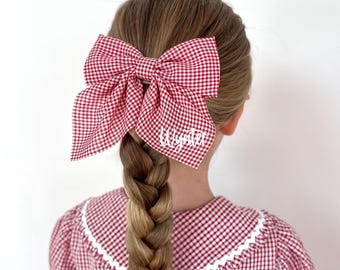 Personalized Red Gingham Hair Bow: Girls School Bow Clip
