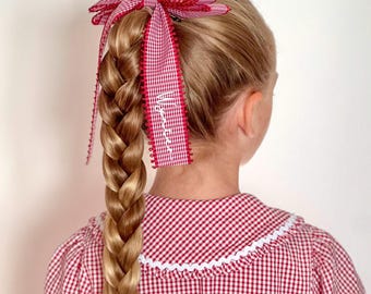 Personalized Red Gingham Hair Bow: Long Tail Clip, School Bow