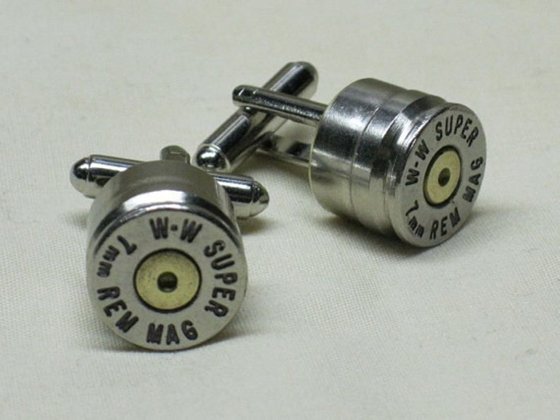 Bullet Cufflinks 7mm Remington Magnum Nickel Wedding Gift Cuff Links for Groomsmen