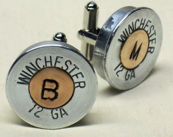 Shotgun Shell Monogram Cufflinks - Distressed Nickel Copper - Personalized Wedding Gift Groom Groomsmen