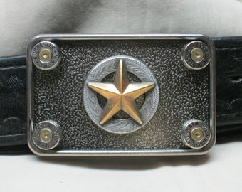 Texas Star Nickel Belt Buckle, 308 Winchester Lawman LEO 3" x 2"