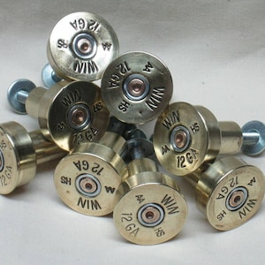 10 Shotgun Shell Cupboard Cabinet Door Knobs, Pulls - Distressed Brass, Man Cave