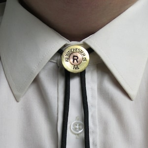 Men&#39;s Monogram Shotgun Shell Bolo Tie, Winchester Brass - Wedding Gift for Groom