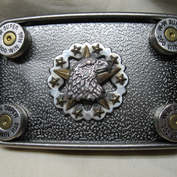 American Eagle Star Belt Buckle, Nickel 300 Win Mag 3" x 2"