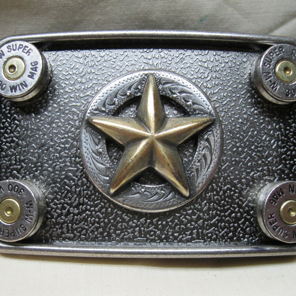 Texas Star Nickel Belt Buckle, 300 Win Mag Mens 3" x 2"