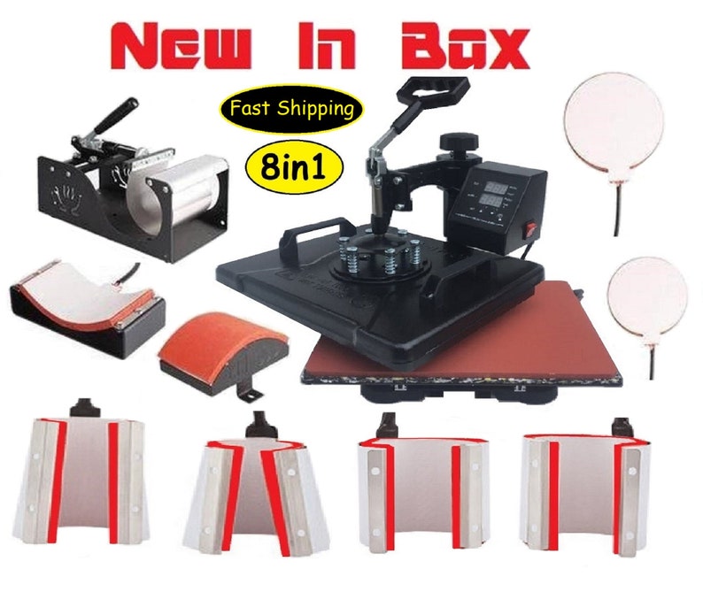 May include: An 8-in-1 heat press machine with a digital timer and temperature control. It includes a variety of attachments for different types of projects, such as mugs, plates, and hats. The machine is black with a red heat plate.