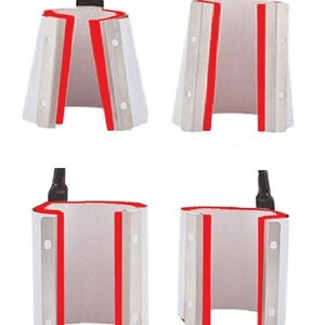 May include: Four mug press heat press attachments. The attachments are made of metal and have a white ceramic coating. The attachments are open and show the red heat resistant lining.