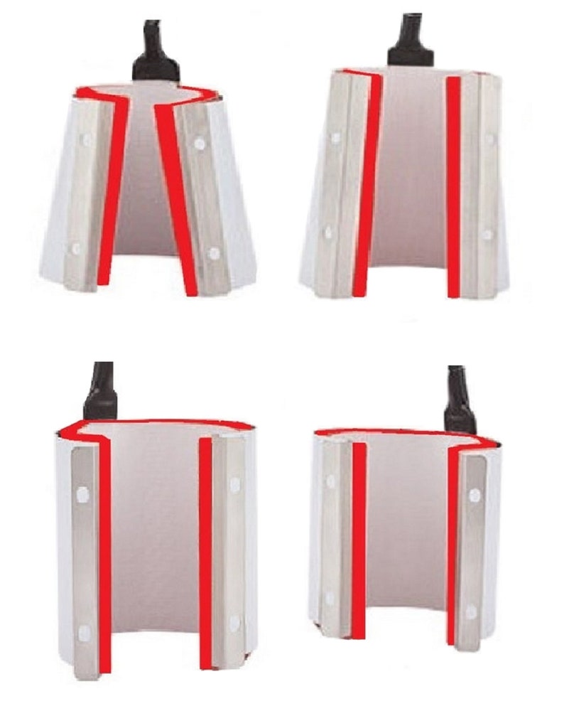 May include: Four mug press heat press attachments. The attachments are made of metal and have a white ceramic coating. The attachments are open and show the red heat resistant lining.