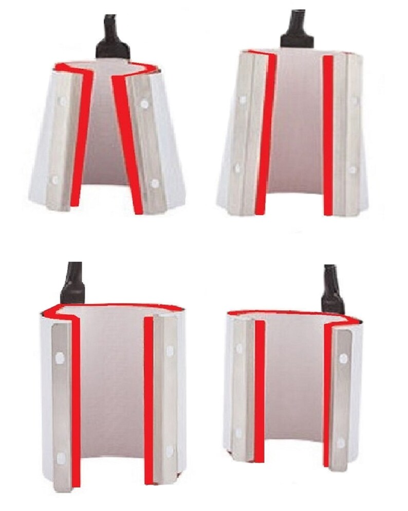 May include: Four mug press heat press attachments. The attachments are made of metal and have a white ceramic coating. The attachments are open and show the red heat resistant lining.