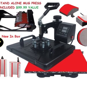 May include: A black stand-alone mug press with a digital timer and a red heat press plate. The press comes with a variety of attachments, including a mug press, a flat press, and a hat press. The press is new in the box and measures 12 inches by 15 inches.