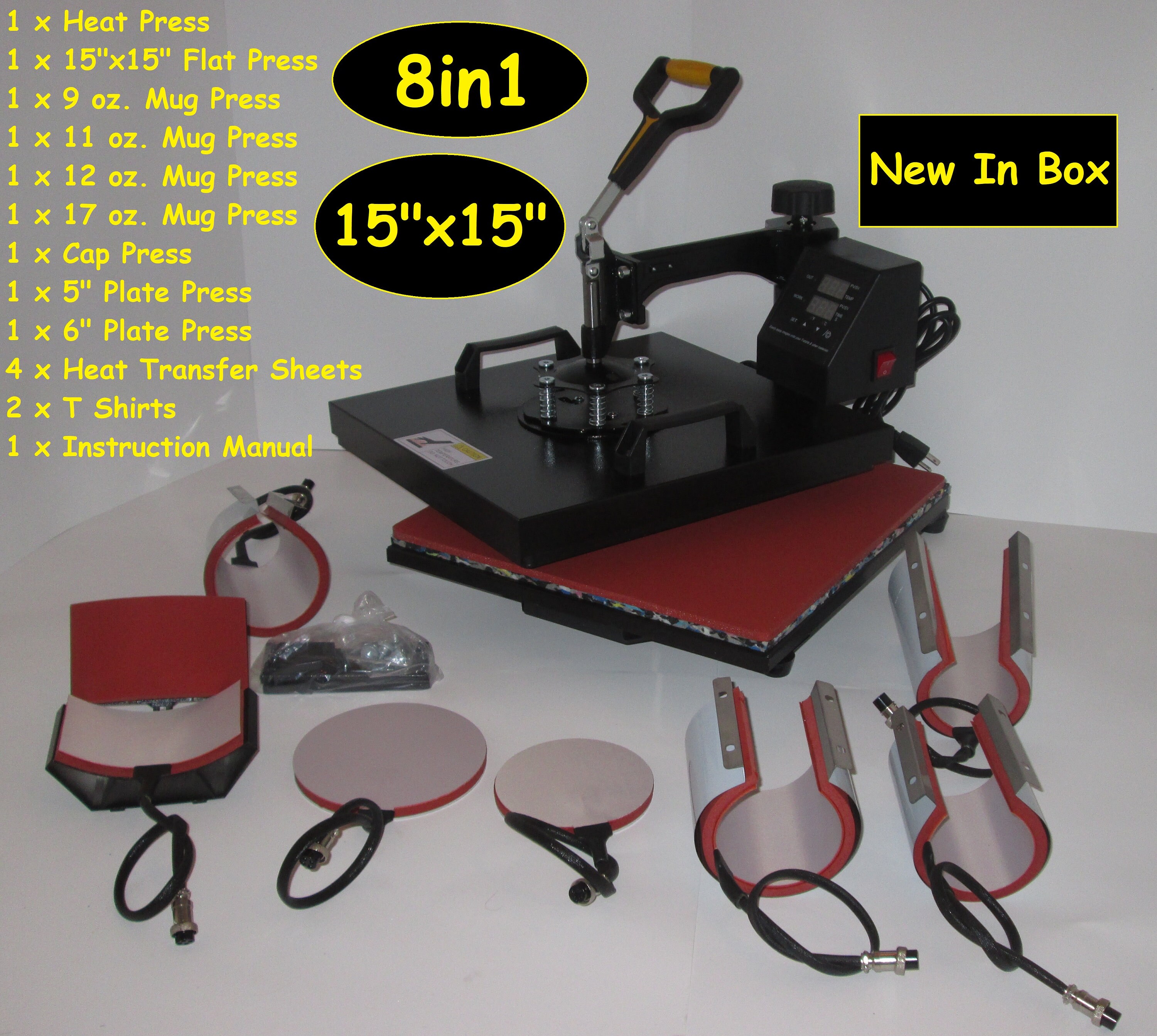 15 by 15 Heat Press & Accessories Combo Machine and Attachments Mug Press,  T Shirt Press, Hat Press and 2 Plate Presses 15 X 15 