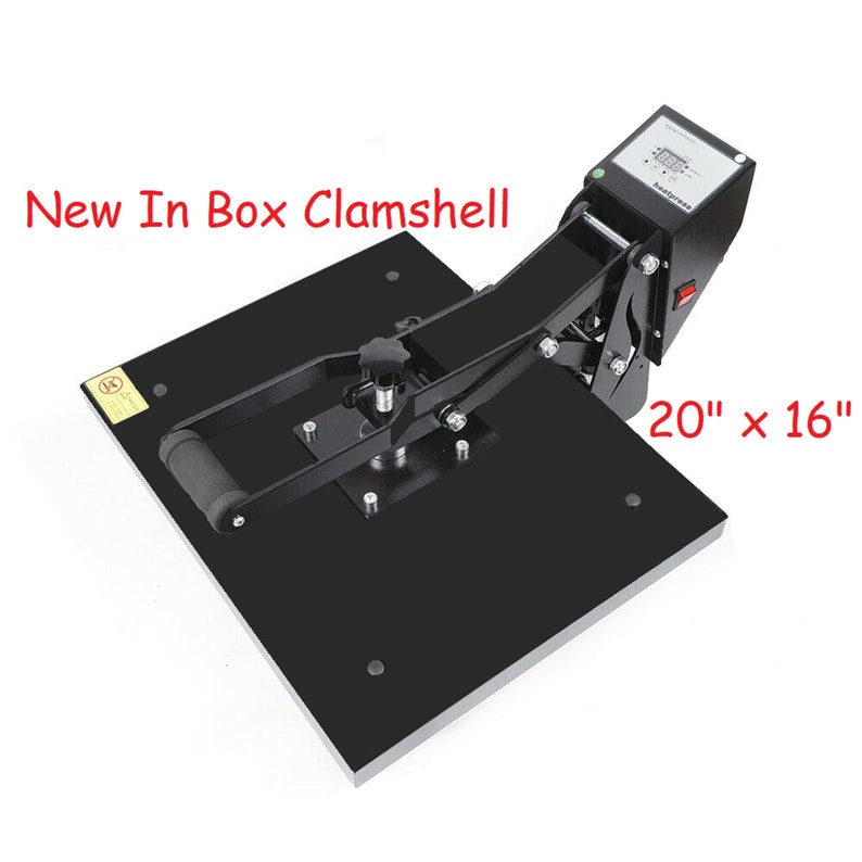 K&ouml;nnte beinhalten: Eine schwarze Clamshell-W&auml;rmepresse mit digitalem Timer und Temperaturregelung. Die Presse verf&uuml;gt &uuml;ber eine Heizplatte von 20" x 16" und einen Hebel zum Aus&uuml;ben von Druck.