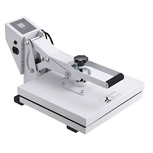 May include: White heat press with a digital timer and temperature control. The press has a lever to apply pressure and a knob to adjust the height of the press.