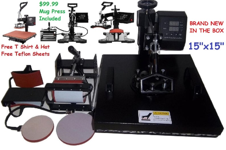 May include: A black heat press machine with a digital display and a 15"x15" heating plate. The machine is designed for transferring images onto t-shirts, hats, and mugs. It includes a mug press, a free t-shirt, a hat, and teflon sheets.