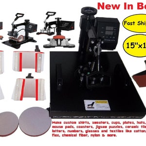 May include: A black heat press machine with a digital display, various attachments, and the text "New In Box." Includes a 15"x15" heating surface. Additional accessories for mugs, plates, and hats are also shown. The image also includes the text "Make custom shirts, sweaters, cups, plates, hats..."