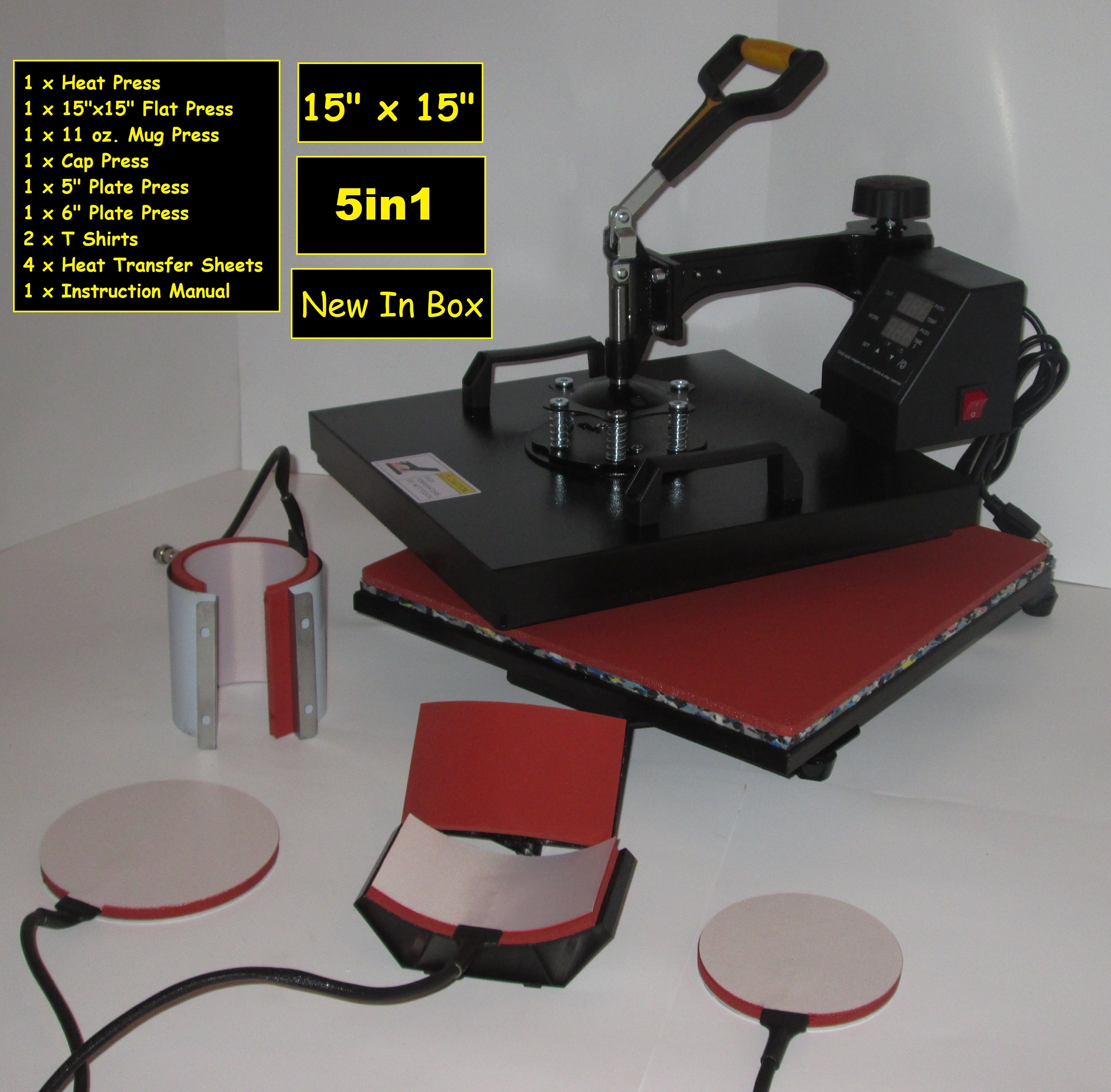 15 by 15 Heat Press & Accessories Combo Machine and Attachments Mug Press,  T Shirt Press, Hat Press and 2 Plate Presses 15 X 15 