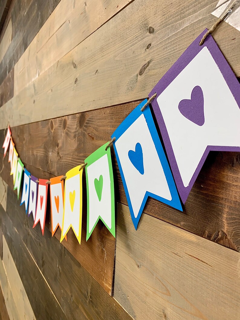Rainbow Heart Banner Rainbow Garland Rainbow Heart Birthday Etsy