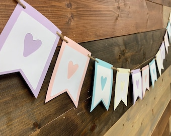 Pastel Heart Banner- Heart Banner, birthday banner, Valentines Heart Banner, Pastel Rainbow Banner, Pastel Rainbow Birthday Banner