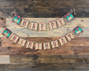 Lumberjack Happy Birthday Banner, Buffalo Plaid Bear Trees Party Decor