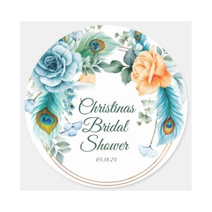 Blue Floral Image, Custom Cookie Icing Image, Peacock Floral Bridal Image, Floral Wedding Shower, Wedding Cookie Image, Edible Sticker