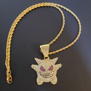 Gangster Gengar! Bling Necklace Faux Diamond Necklace and Pendant GOLD tone