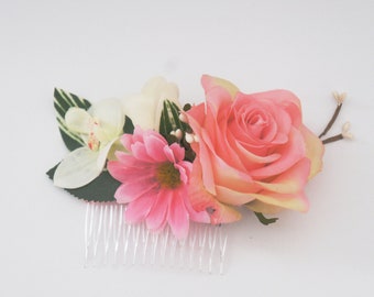 Hair Comb - Pretty sweet pink rose, Pink daisy, White orchid - weddings, bridal, bridesmaid