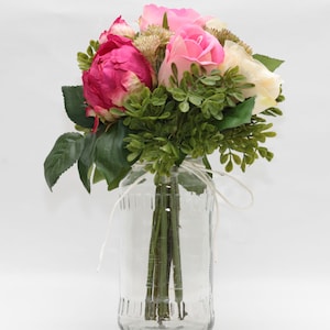 Hot pink peonies, Light pink and Off-white roses with Green leaves - wedding reception table, office and home decor without vase