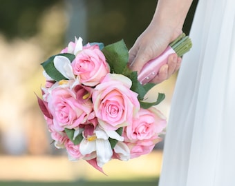 Pretty silk pink Rose white Cymbidium Orchid and rustic pink Calla Lily wedding bouquet and boutonniere set