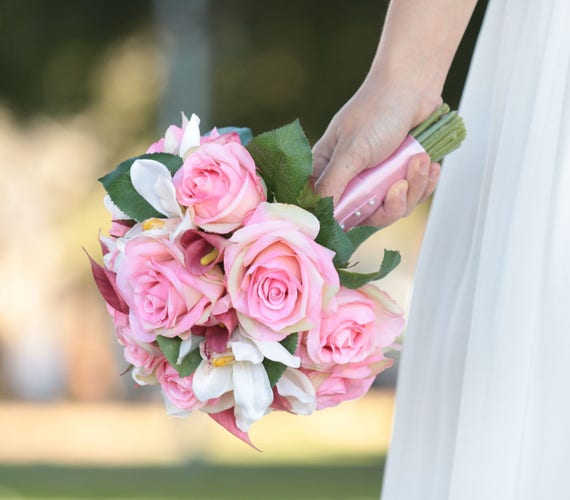 Pretty Silk Pink Rose White Cymbidium Orchid And Deep Pink Calla Lily Wedding Bouquet And Boutonniere Pretty Silk Pink Rose White Cymbidium Orchid And Deep Pink Calla Lily Wedding Bouquet And Boutonniere